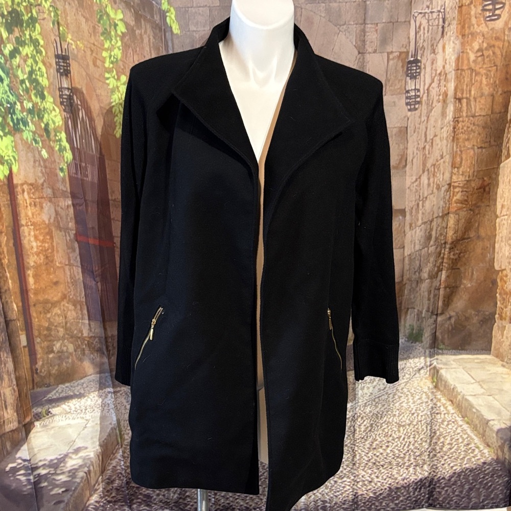 Chico's Open Front Black Jacket with Gold Zipper Details